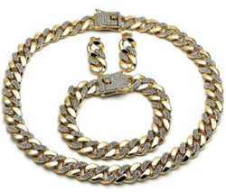 14K GOLD MIAMI CUBAN SET with WHITE CRYSTALS