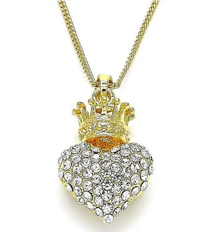 14K GOLD HEART & CROWN DESIGN PENDANT + NECKLACE