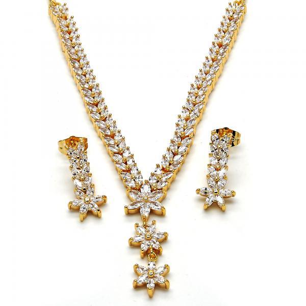 14K GOLD NECKLACE AND EARRING FLOWER LEAF SET with CZ