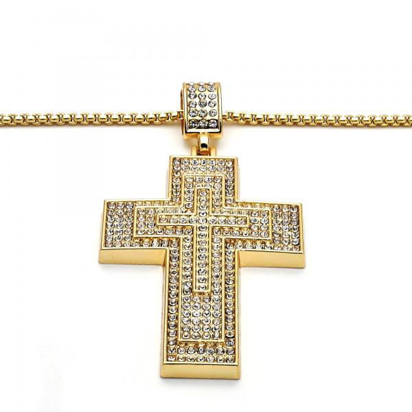 14K GOLD TRIPLE CROSS with WHITE CRYSTALS + NECKLACE