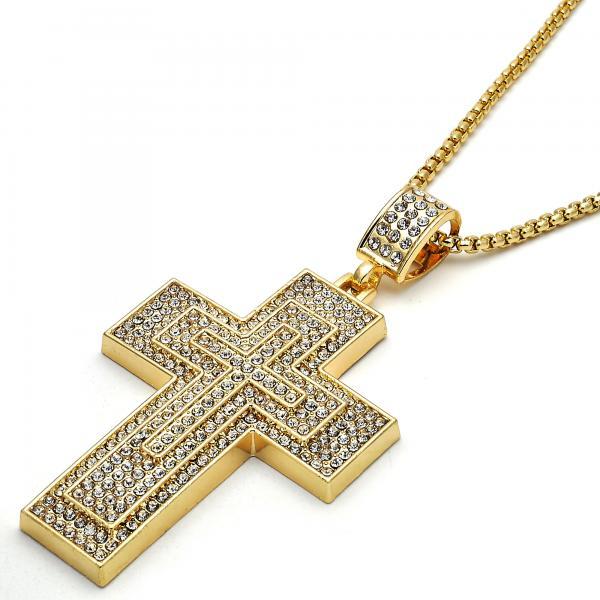 14K GOLD TRIPLE CROSS with WHITE CRYSTALS + NECKLACE