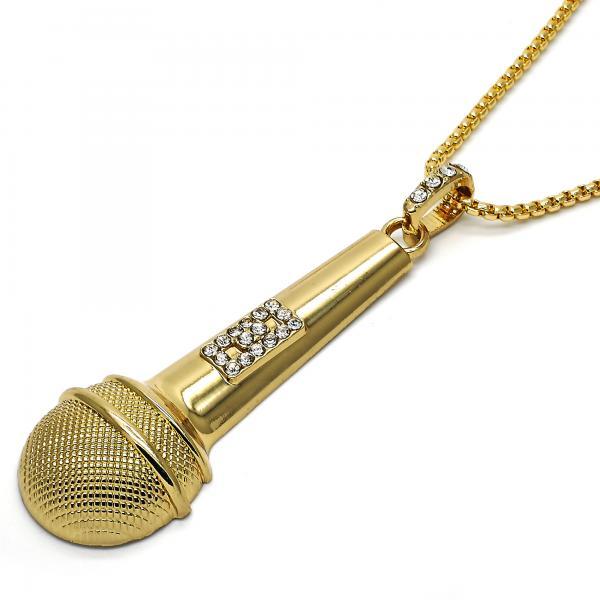 14K GOLD MICROPHONE with WHITE CRYSTALS + NECKLACE