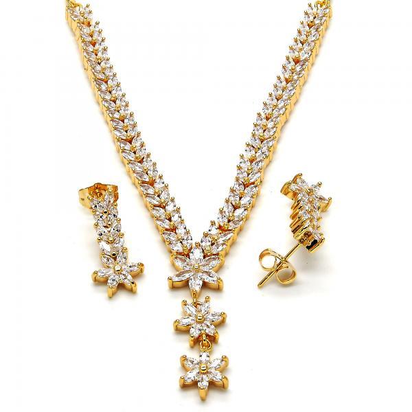 14K GOLD NECKLACE AND EARRING FLOWER LEAF SET with CZ