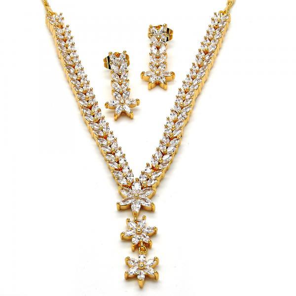 14K GOLD NECKLACE AND EARRING FLOWER LEAF SET with CZ