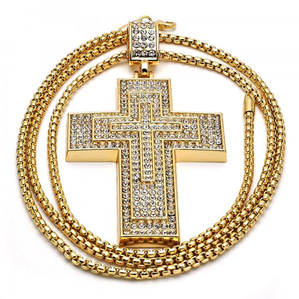 14K GOLD TRIPLE CROSS with WHITE CRYSTALS + NECKLACE