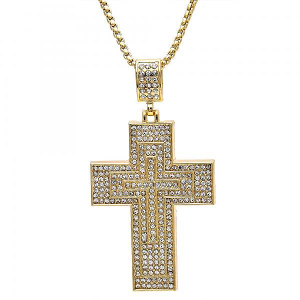 14K GOLD TRIPLE CROSS with WHITE CRYSTALS + NECKLACE