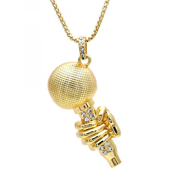 14K GOLD MICROPHONE with WHITE CRYSTALS + NECKLACE